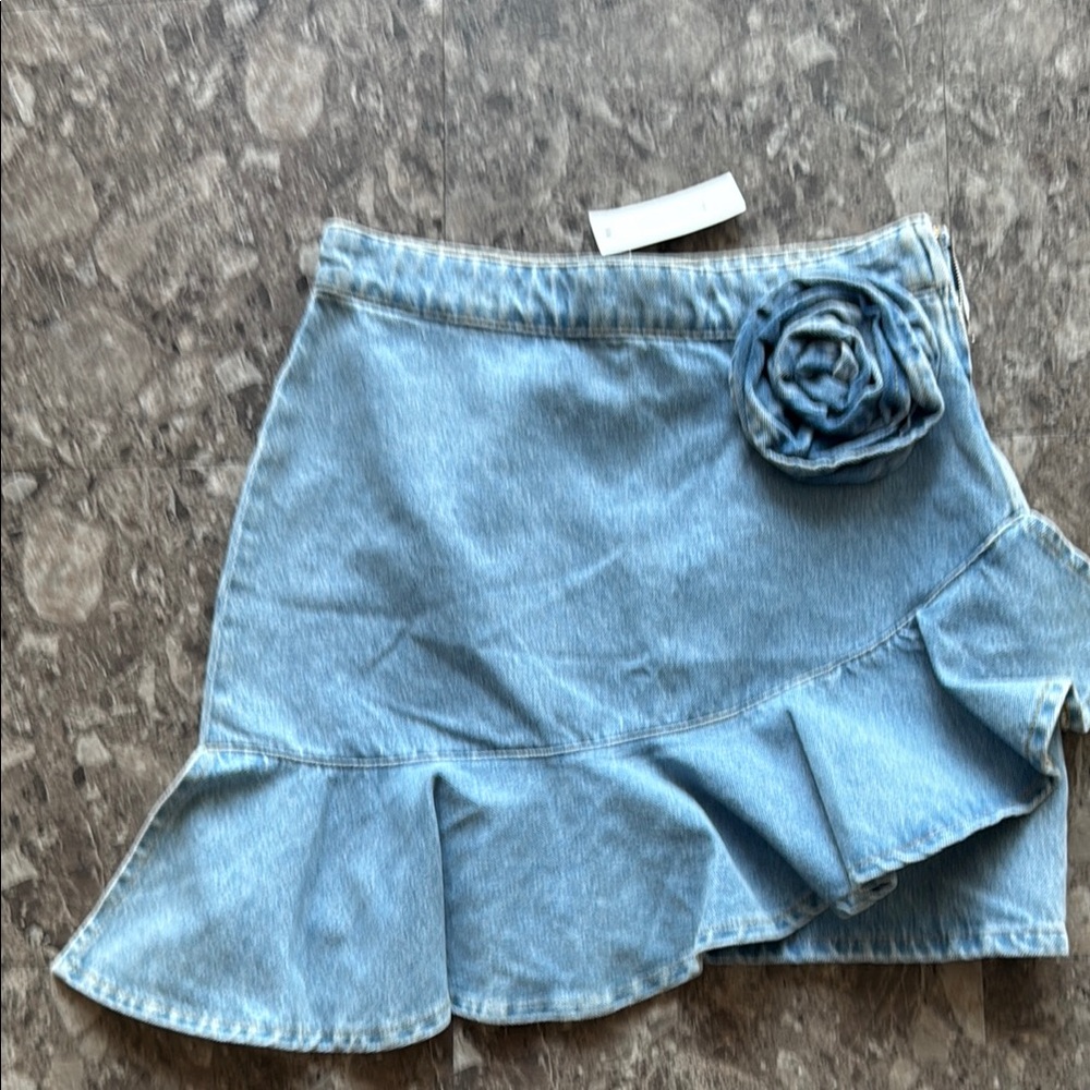 Denim Ruffle Skirt with Floral Accent